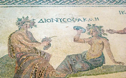 Dionizos doradzający nimfie Akme, Dom Dionizosa, Pafos, Cypr (mozaika)