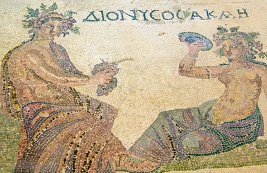 Dionizos doradzający nimfie Akme, Dom Dionizosa, Pafos, Cypr (mozaika)