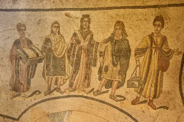 Wejście do term, mozaika podłogowa, Villa Romana del Casale, Piazza Armerina, Sycylia, Włochy (zdjęcie)