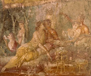Fresk przedstawiający scenę w triclinium, z Pompei we Włoszech
