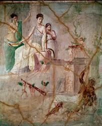 Herakles i Omfale, rzymski fresk w 3. stylu pompejańskim z Pompejów, 40-60 n.e., wymiary 88 x 103 cm, przechowywany w Narodowym Muzeum Archeologicznym w Neapolu, Włochy
