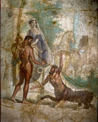 Herkules, Dejanire i centaur Nessus”” Centaur Nessos usuwa Dejanire, ale Hercules ratuje ją, przebijając jej strzały zahartowane z jadu Hydry z Lerne. Fresk rzymski według greckiego oryginału z III wieku p.n.e. Początek I c