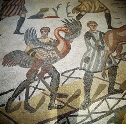 Myśliwy ładujący strusia na statek, fragment z podłogi Wielkiego Polowania, Villa Romana del Casale Piazza Armerina, Sycylia (mozaika)