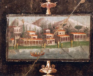 Krajobraz i architektura w malarstwie ściennym w tablinum, Dom Marco Lucrezio Fronto, Pompeje, Kampania, Cywilizacja rzymska