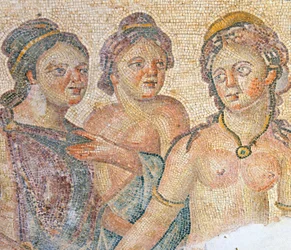 Leda i jej pokojówki, detal z mozaiki Leda i Zeus, Dom Aionu, Pafos, Cypr (mozaika)