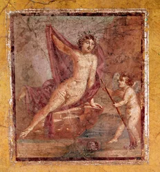 Narcyz i Eros, rzymski fresk w trzecim stylu pompejańskim z Pompejów we Włoszech, I wiek n.e.