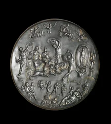 Patere de Parabiago, srebrne naczynie rytualne przedstawiające triumf Attisa (lub Atysa) i Kybele na rydwanie ostrzelanym przez lwy, IV w. Srebro: Średnica: 40 cm. Muzeum Archeologiczne w Mediolanie. - Patera z Parabiago, rytualny srebrny talerz, przedstaw