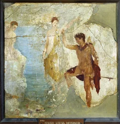 Perseusz uwalniający Andromedę. Fresk 37,5x37,5 cm. Z Domu Pięciu Szkieletów (Casa dei cinque Scheletri) w Pompejach. Bez daty. Narodowe Muzeum Archeologiczne, Neapol (Muzeum Archeologiczne w Neapolu). ©Raffael/Leemage