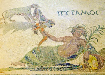Pyramus i Thisbe, fragment Pyramus i lamparta, Dom Dionizosa, Pafos, mozaika Cypr