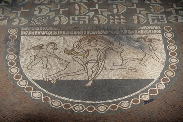 Rape of Europa, mozaika podłogowa z Lullingstone Roman Villa, ca 82 AD, Eynsford, Kent, Anglia, Wielka Brytania, cywilizacja rzymska