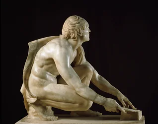 Sztuka rzymska: „”Ostrzałka ostrząca swoje noże””Rzymska rzeźba z marmuru z I wieku pne według greckiego oryginału. Ciemny. 105 cm Florencja, Galleria degli Uffizi, Tribuna