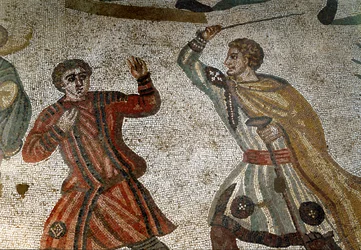Sztuka rzymska: fragment mozaiki „Wielkie polowanie”. Rzymski arystokrata karze jednego ze swoich niewolników kijem. 315-350 n.e. Piazza Armerina, Villa Romana del Casale