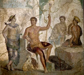 Sztuka rzymska: „”Meleagre i Atalante”””Rzymski fresk z I wieku naszej ery. z Pompejów. Neapol, Narodowe Muzeum Archeologiczne - Sztuka rzymska: Meleager i Atalanta. Fresk rzymski z I wieku naszej ery z Pompejów. Narodowe Muzeum Archeologiczne, Neapol, It