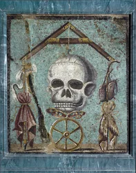 Sztuka rzymska: Memento Mori, Symbole życia i śmierci. Mozaika z Pompejów. Drugi styl. Ciemny. 47x41 cm Narodowe Muzeum Archeologiczne, Neapol