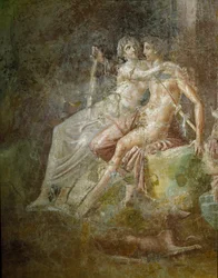 Sztuka rzymska: „Wenus i Mars”. Fresk z Domu Cytarzysty w Pompejach. Trzeci styl. Wymiary: 253 x 150 cm. Museo Archeologico Nazionale, Neapol
