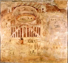Sztuka rzymska: „Gwałtowna walka między mieszkańcami Nocery a Pompejańczykami w amfiteatrze w Pompejach w 59 roku n.e.” Fragment fresku. I wiek n.e. Ze stanowiska archeologicznego w Pompejach. Neapol, Narodowe Muzeum Archeologiczne