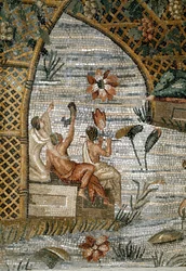 Sztuka rzymska: fragment mozaiki nilotycznej (Nil) Preneste (Palestrina) z Sanktuarium Boskości Fortuny Primigenia. 80 pne. Ciemny. 615x506 cm Palazzo Barberini Palestrina, Włochy