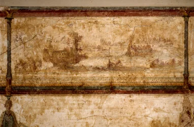Sztuka rzymska: „Scena morska z biremami i trierami”. Fresk, około 25-19 p.n.e. Wymiary: 73 cm. Rzym, Museo Nazionale Romano (lub Muzeum Term)