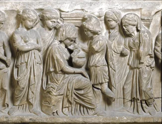 Starożytność rzymska: „Smutek zakochanej Fedry, odrzuconej przez Hipolita”. Płaskorzeźba z sarkofagu zwanego „Fedra i Hipolit”. III wiek n.e. Palermo, Museo Archeologico Nazionale