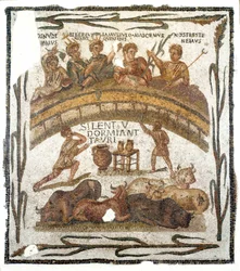 Starożytność rzymska: „”Scena bankietowa bractwa w Amfiteatrze”””Mozaika pochodząca z El Djem (lub Jem) w Tunezji. III wiek naszej ery. Ciemny. 131x145 cm Musée du Bardo, Tunis