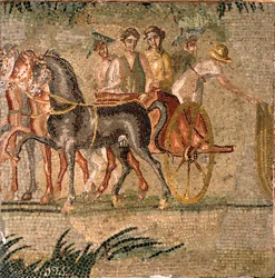 Sztuka rzymska: wyścig czołgów w starożytności. Mozaika z III wieku. Madryt, Museo Arqueologico Nacional.