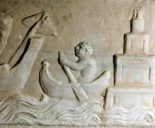 Sztuka rzymska: „”żeglarz kierujący statkiem w porcie Ostia (Ostia), widoczna latarnia miasta”” Fragment płaskorzeźby z I wieku n.e. Ostia, Museo Ostiense