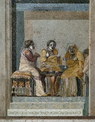 Sztuka rzymska: wiedźma i przygotowanie magicznego filtretu. Mozaika według oryginału Dioscoridesa z Samos (lub Dioscourides) (II w. p.n.e.) w domu Cicerona w Pompejach