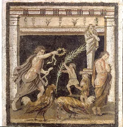 Sztuka rzymska: walka kogutów w palestrze w obecności personifikacji Klęski i Zwycięstwa. Mozaika z Willi Labiryntu w Pompejach. Drugi styl. Wymiary: 46x42 cm. Narodowe Muzeum Archeologiczne, Neapol