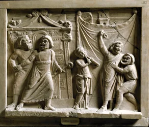 Sztuka rzymska: komediowa scena teatralna ze sztuki „Andria” Terencjusza (Publius Terentius Afer) (185-159 p.n.e.), relief z Pompejów - Museo Archeologico Nazionale, Neapol