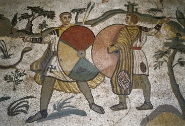 Sztuka rzymska: detal mozaiki „Duża część myśliwska”” Broń myśliwych o dużych tarczach. 315-350 n.e. Piazza Armerina, Villa Romana del Casale