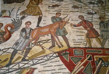 Sztuka rzymska: detal mozaiki „Główna część łowiecka” Gazele są ładowane na statki. 315-350 n.e. Piazza Armerina, Villa Romana del Casale