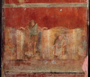 Sztuka rzymska: scena z fulloniki lub foulonnerie przedstawiająca czyszczenie odzieży ludzi stopami. Fresk z willi Fullonica Stephani (La Fullonica de Stephanus) w Pompejach, używanej jako pralnia i farbiarnia. Malowidło z I wieku