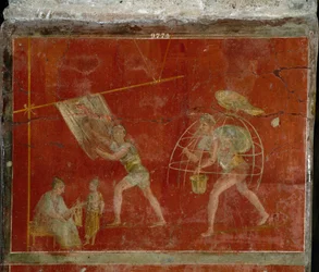 Sztuka rzymska: „fulonica””” lub stąpanie”” scena przedstawiająca czyszczenie ubrań. Fresk z willi Fullonica stephani (La fullonica de Stephanus) w Pompejach, która służyła jako pralnia i farbiarnia. Malarstwo z I wieku n.e. Neapol, Museo