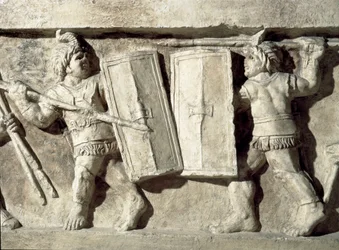 Sztuka rzymska: płaskorzeźba przedstawiająca bitwę gladiatorów. I wne. Rzym, Museo della Civilta Romana