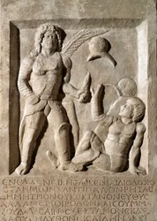 Sztuka rzymska: płaskorzeźba przedstawiająca bitwę gladiatorów. II wiek naszej ery. Rzym, Museo della Civilta Romana