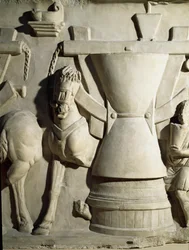 Sztuka rzymska: płaskorzeźba przedstawiająca koło młyńskie. I wne. Rzym Museo della Civilta Romana