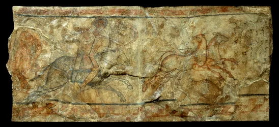 Sztuka rzymska: mural przedstawiający łucznika polującego na pierwiosnek. ze stanowiska Doura Europos w Syrii (27 BC-476 AD). Słońce 2,1x0,9 m²