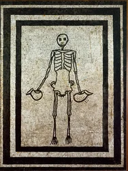 Sztuka rzymska: szkielet trzymający dwa dzbany. Mozaika z I wieku z Pompejów. Narodowe Muzeum Archeologiczne, Neapol, Włochy