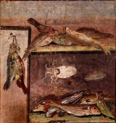 Sztuka rzymska: „Martwa natura z rybami”. Fresk z Pompejów. I wiek n.e. Neapol, Museo Archeologico Nazionale