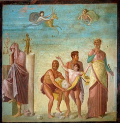 Sztuka rzymska: „Ofiarowanie Ifigenii” Fresk z Domu Poety Tragicznego w Pompejach. I wiek n.e. Neapol, Narodowe Muzeum Archeologiczne