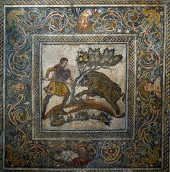 Sztuka rzymska: „”polowanie na dzika””” Mozaika z IV wieku naszej ery z rzymskiej willi Las Tiendas. Merida, Museo Nacional de Arte Romano, Hiszpania