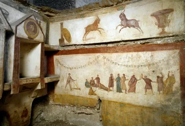 Sztuka rzymska: „Bawiący się młodzi ludzie”. Freski zdobiące grobowiec przy Via Portuense. II wiek. Wysokość: 90 cm. Rzym, Museo Nazionale Romano (lub delle Terme), Włochy