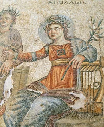 Mozaika Apollo i Marsjasz, fragment Pliniusza i Apolla, Dom Aiona, Pafos, mozaika Cypr