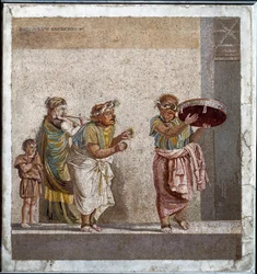 Podróżujący muzycy oddani kultowi boskiej Kybele. Mozaika według oryginału Dioscoridesa z Samos (lub Dioscourides) (II w. p.n.e.) w domu Cicerona w Pompejach
