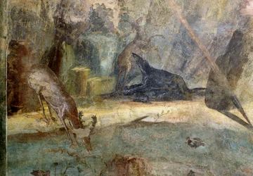 Jeleń zaatakowany przez psa, fragment Akteona pożartego przez jego psy, fresk z Domu Menandera, Pompeje (Lista Światowego Dziedzictwa UNESCO