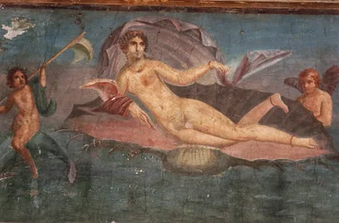 Yksityiskohta freskosta Venuksen talossa simpukankuoressa, Pompejissa, Campaniassa, puolalaisen roomalaisen sivilisaation yhteydessä