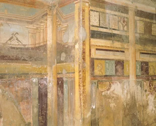 Fragment fresku, część dekoracji ściennych, Dom Labiryntu, Pompeje, Kampania, Cywilizacja Rzymska