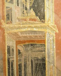 Fresk przedstawiający dekorację architektoniczną, Dom Loreio Tiburtino, Pompeje, Kampania, cywilizacja rzymska