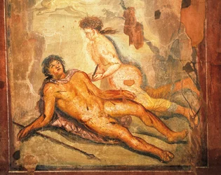 Fresk przedstawiający mit o Pyramusie i Tyzbe, dom Loreio Tiburtino, Pompeje, Kampania, cywilizacja rzymska
