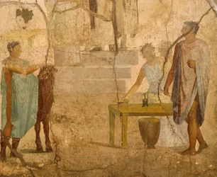 Fresk przedstawiający scenę poświęcenia, dekoracja z Domu Pozłacanych Kupidynów, Pompeje, Kampania, cywilizacja rzymska